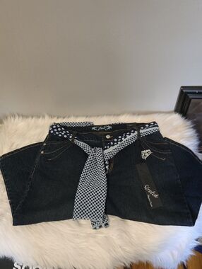 Zena Dark Blue Capri Jeans with Polka Dot Waist Tie